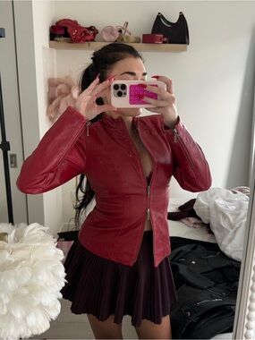 Danier Red Genuine Leather Zip Jacket